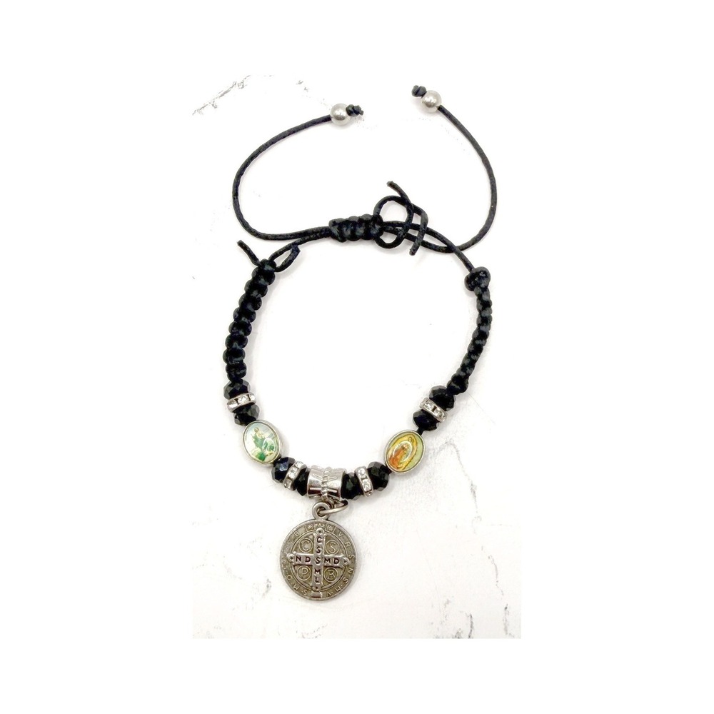 Rosary Bracelet Black Cord Two Sided Medallion Adjustable Saint Benedict